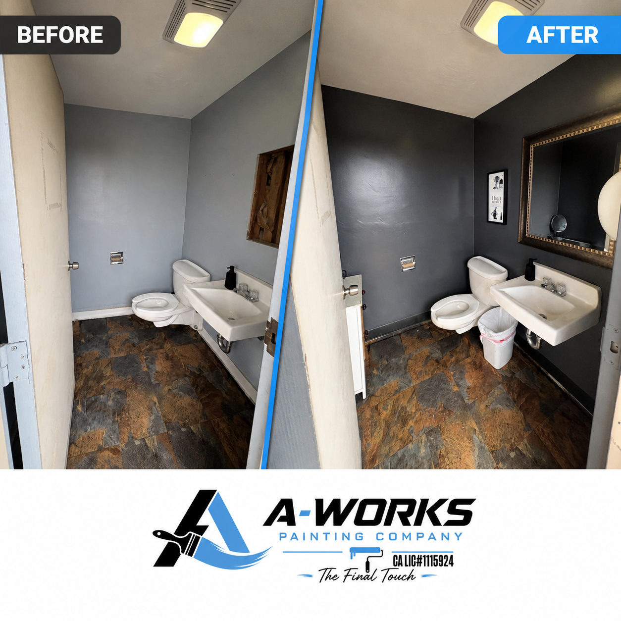 Before and after interior bathroom painting by A-Works Painting Company